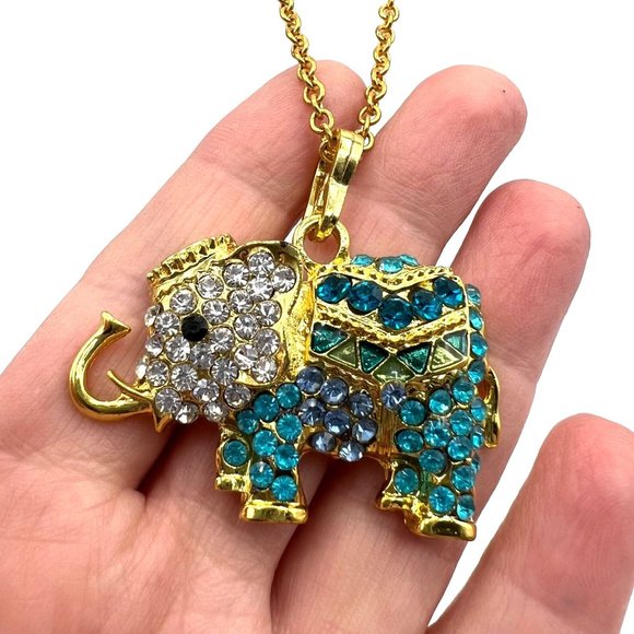 Elephant Rhinestone ELEPHANT Multi Colored Blue Pendant Necklace 27" - Picture 3 of 11